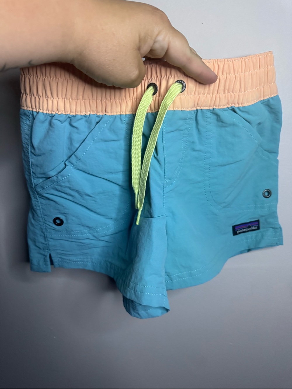 Patagonia Aqua Blue Swim Shorts with Peach Waistband and Lime Drawstring